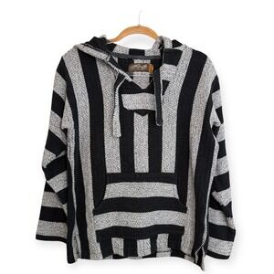 Retrofit Baja Hoodie Black and White Striped Pullover Size Large‎ Hand Made